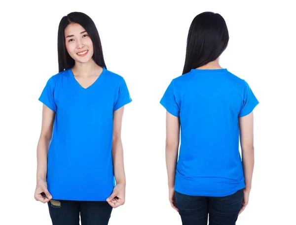Vrouw Blauw Shirt Geïsoleerd Een Witte Achtergrond — Stockfoto