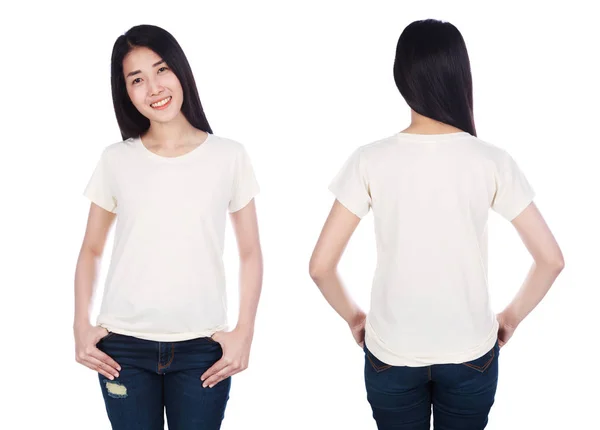 Vrouw Wit Shirt Geïsoleerd Een Witte Achtergrond — Stockfoto