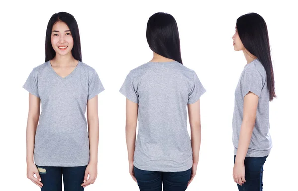 Vrouw Grijs Shirt Geïsoleerd Een Witte Achtergrond — Stockfoto