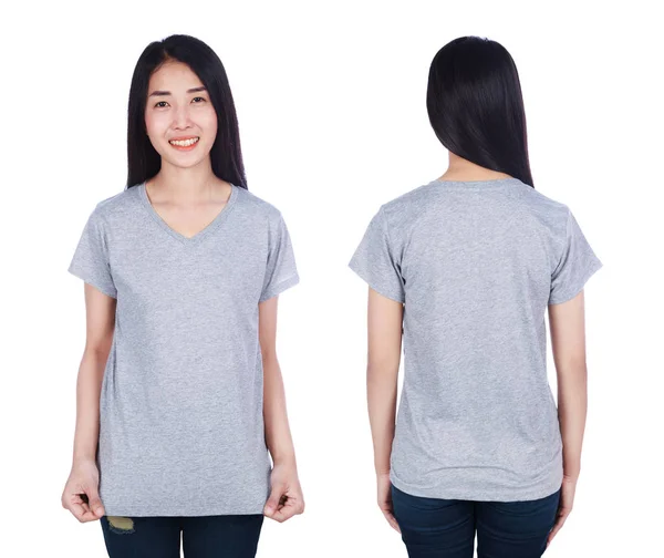 Woman Gray Shirt Isolated White Background — Stock Photo, Image