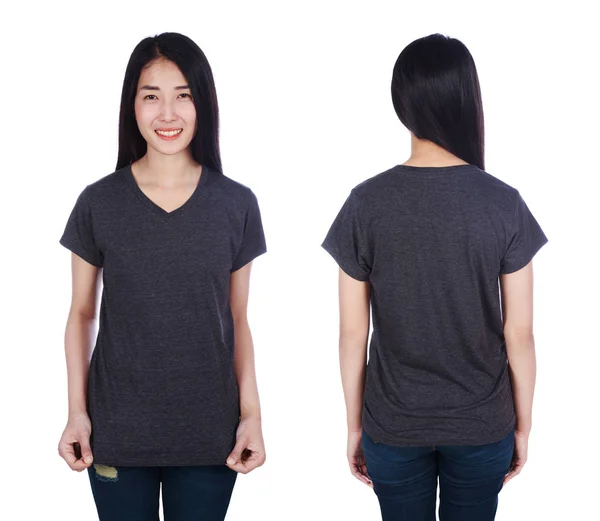 Kvinnan Svart Shirt Isolerad Vit Bakgrund — Stockfoto