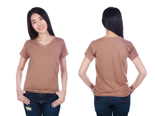 Vrouw Bruin Shirt Geïsoleerd Een Witte Achtergrond — Stockfoto