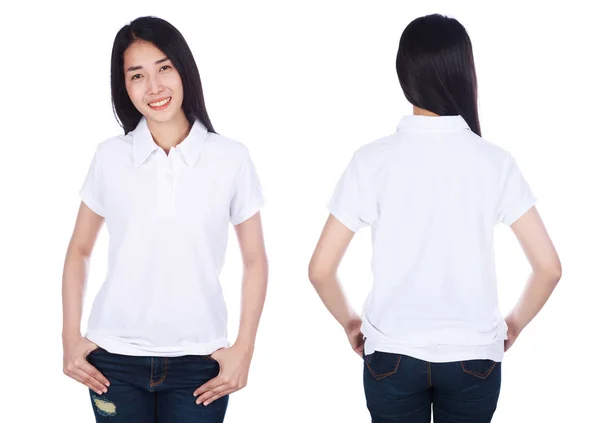 Vrouw Wit Polo Shirt Geïsoleerd Een Witte Achtergrond — Stockfoto
