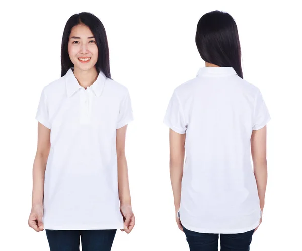 Vrouw Wit Polo Shirt Geïsoleerd Een Witte Achtergrond — Stockfoto