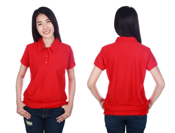 Kadın Beyaz Bir Arka Plan Üzerinde Izole Kırmızı Polo Gömlek — Stok fotoğraf
