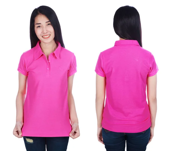 Vrouw Roze Poloshirt Geïsoleerd Een Witte Achtergrond — Stockfoto