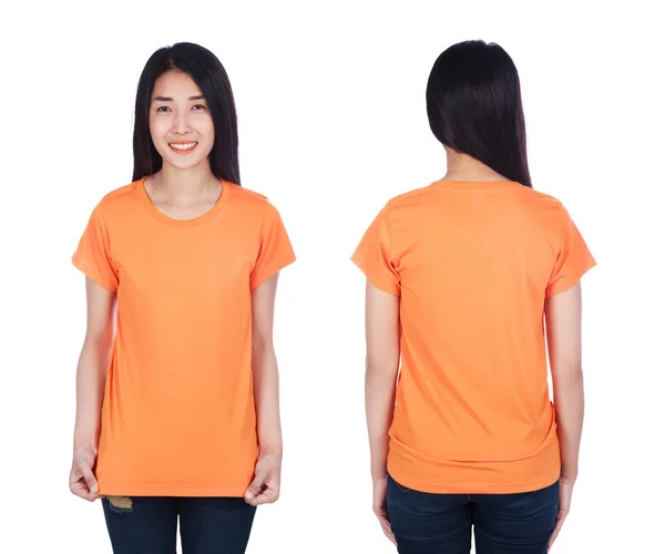 Kobieta Orange Shirt Białym Tle Białym Tle — Zdjęcie stockowe