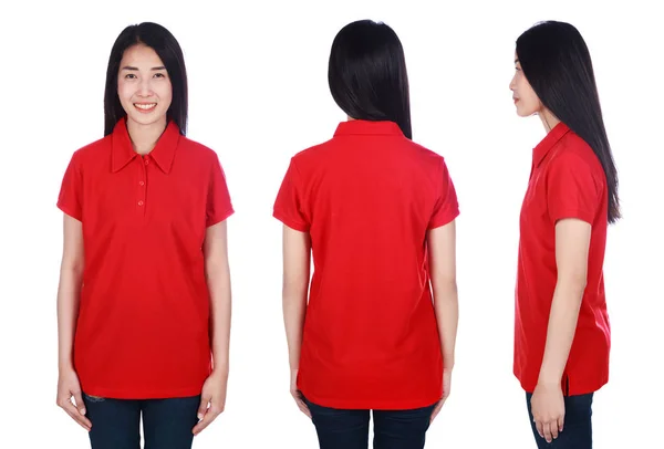 白い背景で隔離赤いポロシャツの女性 — ストック写真