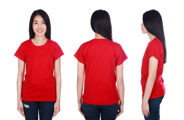 Vrouw Het Rood Shirt Geïsoleerd Een Witte Achtergrond — Stockfoto