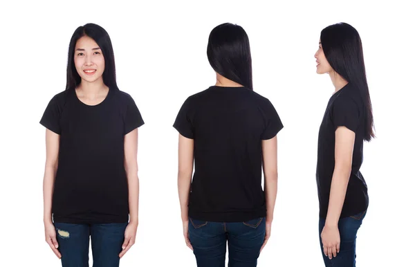 Vrouw Zwarte Shirt Geïsoleerd Een Witte Achtergrond — Stockfoto