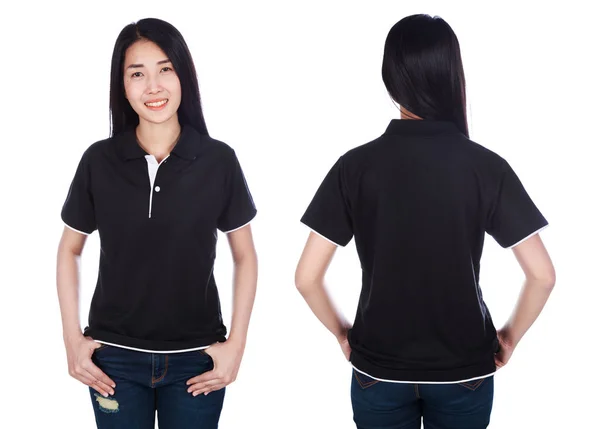 Vrouw Zwart Polo Shirt Geïsoleerd Een Witte Achtergrond — Stockfoto