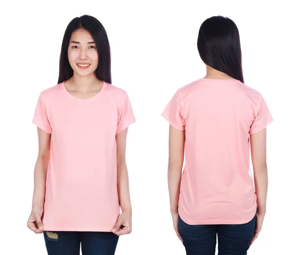 Vrouw Roze Shirt Geïsoleerd Een Witte Achtergrond — Stockfoto