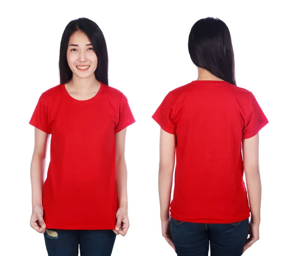 Vrouw Het Rood Shirt Geïsoleerd Een Witte Achtergrond — Stockfoto