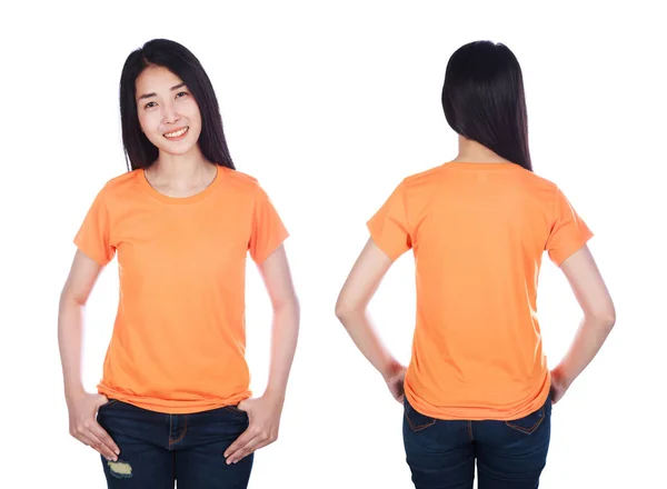 Femme Shirt Orange Isolé Sur Fond Blanc — Photo