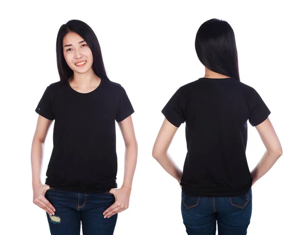 白い背景に分離された黒の シャツの女性 — ストック写真