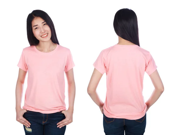 Vrouw Roze Shirt Geïsoleerd Een Witte Achtergrond — Stockfoto