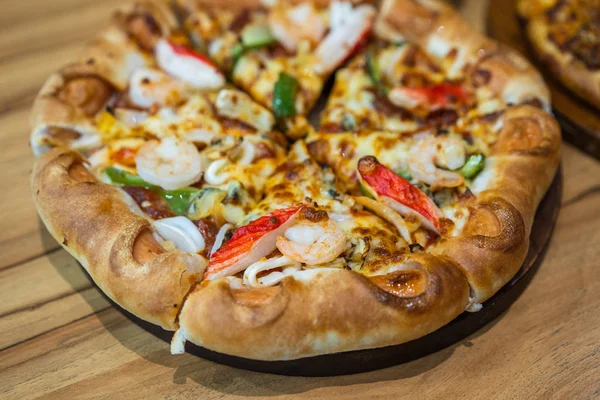 Pizza Seafood Wood Table — Stock Photo, Image