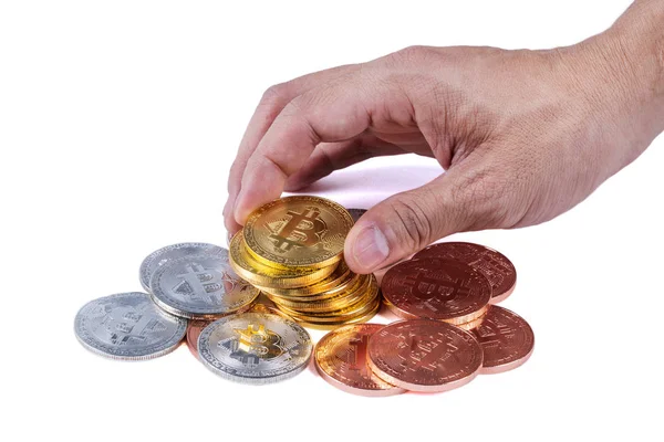 Hand Met Bitcoin Geïsoleerd Een Witte Achtergrond — Stockfoto
