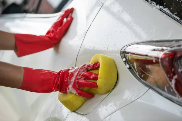 Hands Holding Sponge Washing Car — Stock Photo, Image