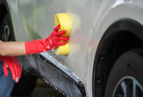 Hands Holding Sponge Washing Car — Stock Photo, Image