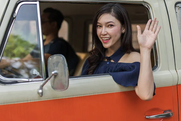 Happy Woman Open Window Vintage Car Raising Her Hand — Stock Photo, Image