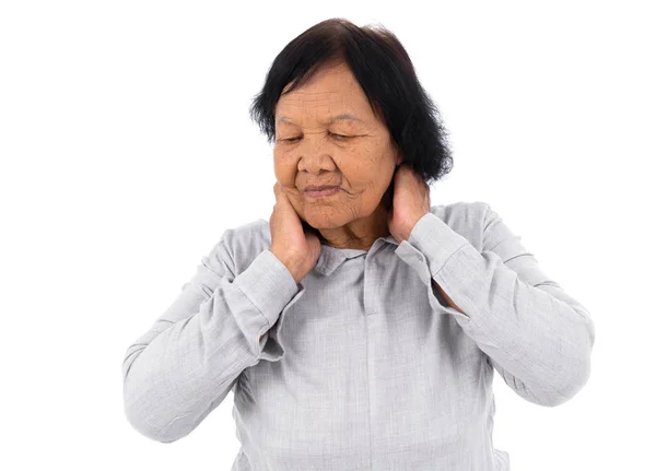 Senior Woman Suffering Neck Pain Isolated White Background — Stock Photo, Image