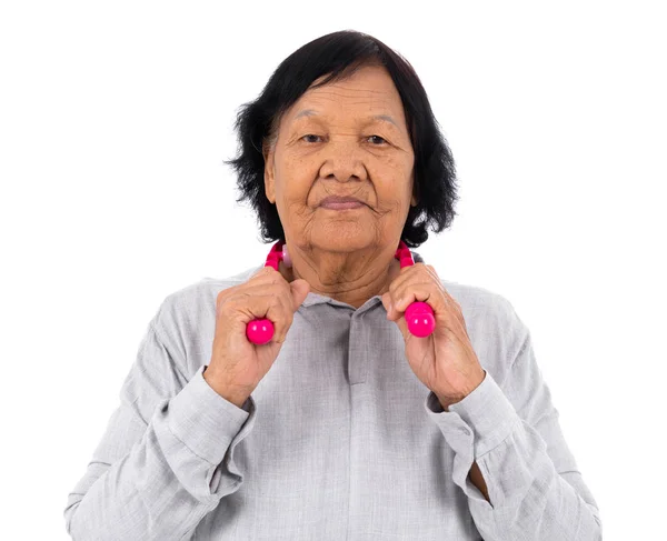 Senior Woman Suffering Neck Pain Self Massaging Massage Assistant Tools — Stock Photo, Image
