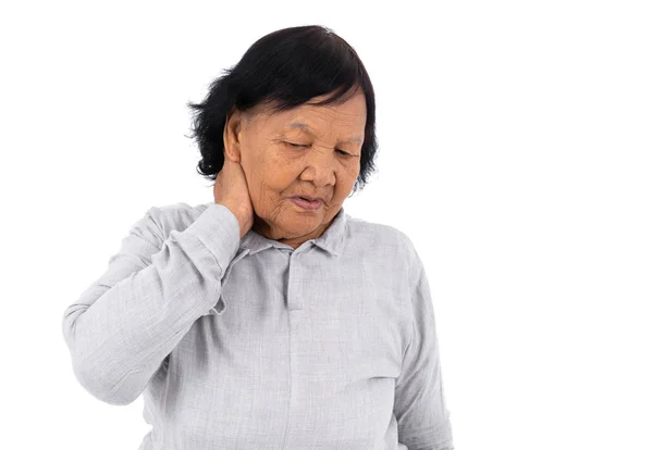 Senior Woman Suffering Neck Pain Isolated White Background — Stock Photo, Image