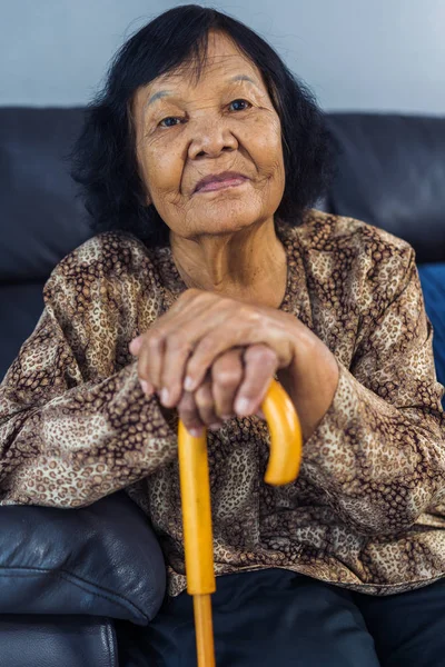 Senior Woman Smiling Wooden Cane Living Room — Stock Photo, Image