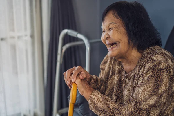 Senior Woman Laughing Holding Wooden Cane Living Room Home — Stock Photo, Image