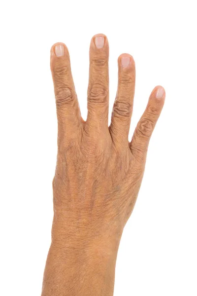 Número Sênior Contagem Mãos Quatro Isolado Fundo Branco — Fotografia de Stock