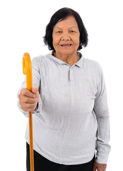 Happy Senior Woman Walking Cane Isolated White Background — Stock Photo, Image