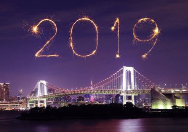 2019 mutlu yeni yıl havai fişek ışıltı Gökkuşağı Köprüsü ile gece, tokyo cityscape, Japonya