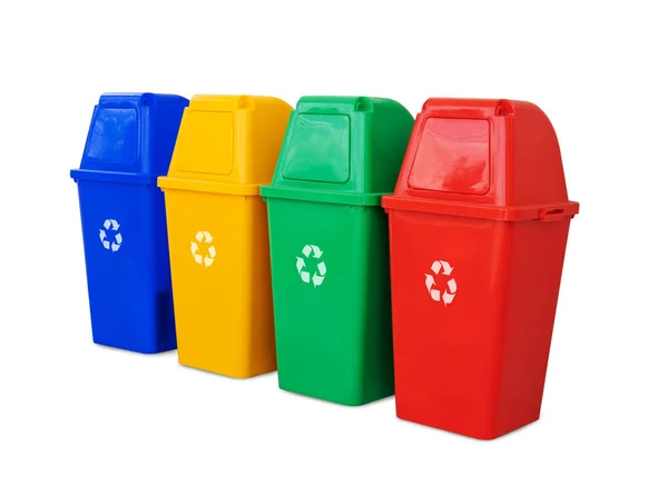 Quatro Caixas Reciclagem Coloridas Isoladas Fundo Branco Com Caminho Recorte — Fotografia de Stock