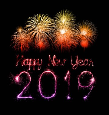2019 mutlu yıllar ışıltı havai fişek ile yazılı