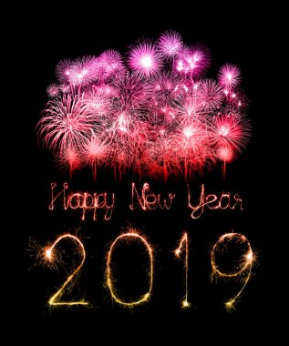 2019 mutlu yıllar ışıltı havai fişek ile yazılı