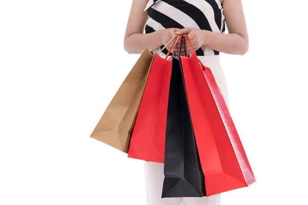 Vrouw Met Winkelen Bag Geïsoleerd Een Witte Achtergrond — Stockfoto
