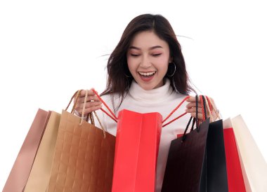 tutan sürpriz kadın alışveriş çantası beyaz bir arka plan üzerinde izole açıldı