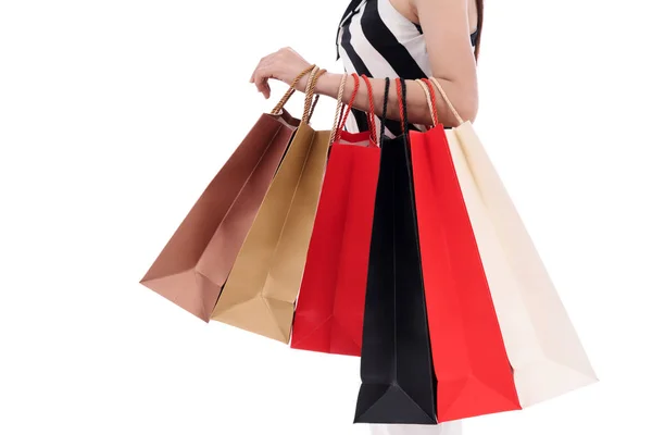 Alışveriş Çantası Beyaz Bir Arka Plan Üzerinde Izole Tutan Kadın — Stok fotoğraf