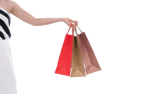 Donna Possesso Shopping Bag Isolato Uno Sfondo Bianco — Foto Stock