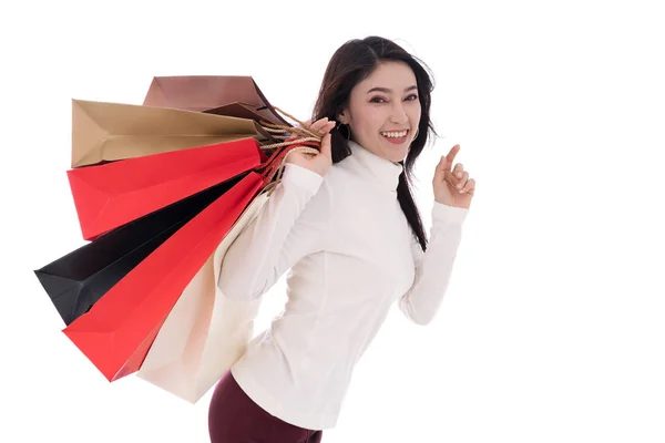 Alegre Joven Mujer Sosteniendo Bolsa Aislada Sobre Fondo Blanco — Foto de Stock