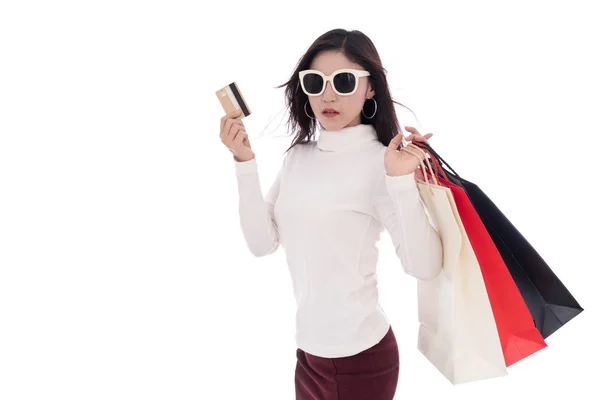 Happy Woman Holding Credit Card Shopping Bag Isolated White Background — Stock Photo, Image