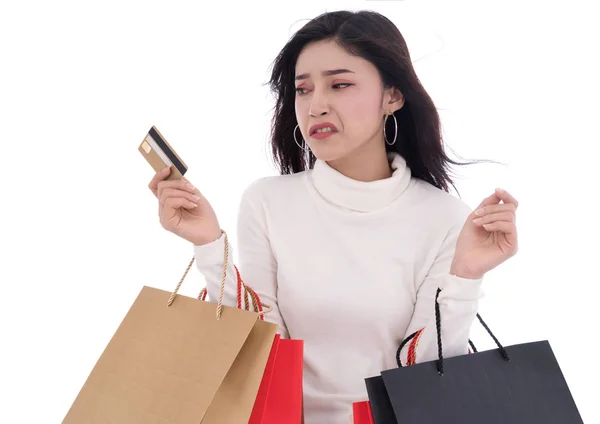 Stressed Woman Holding Credit Card Shopping Bag Isolated White Background — Stock Photo, Image