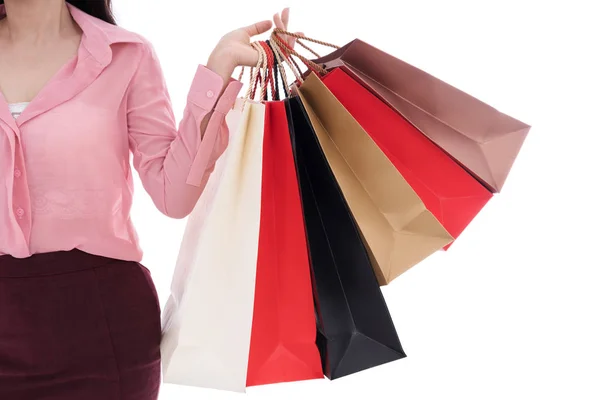 Vrouw Met Winkelen Bag Geïsoleerd Een Witte Achtergrond — Stockfoto