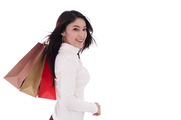 Glückliche Junge Frau Mit Einkaufstasche Auf Weißem Hintergrund — Stockfoto