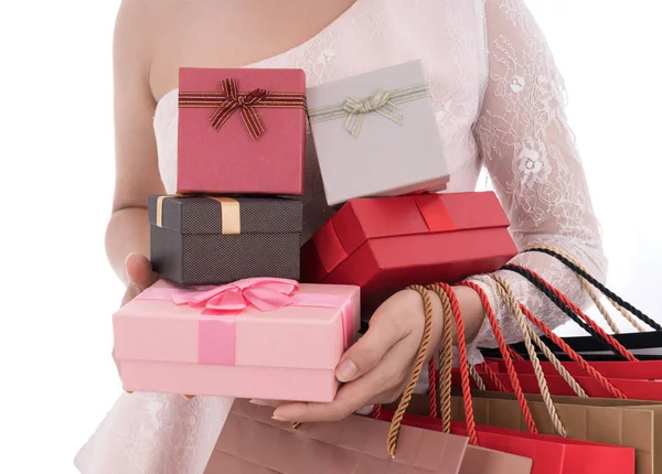 Woman Holding Gift Box Shopping Bag Isolated White Background — Stock Photo, Image
