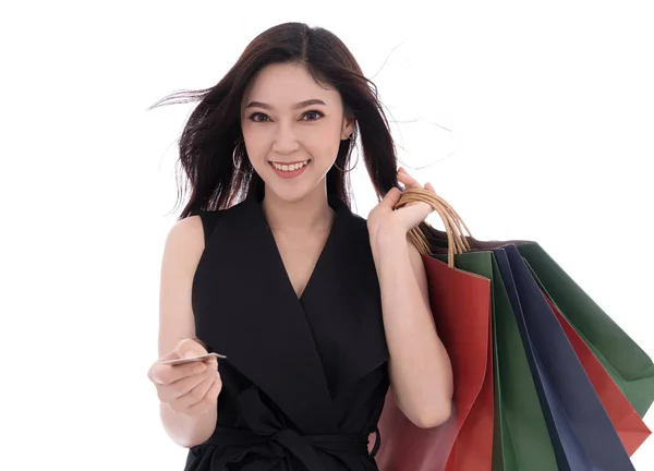 Happy Woman Holding Credit Card Shopping Bag Isolated White Background — Stock Photo, Image