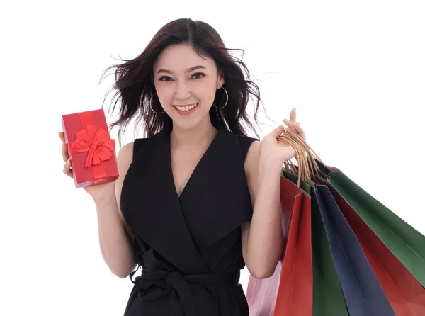 Giovane Donna Felice Possesso Scatola Regalo Shopping Bag Isolato Uno — Foto Stock