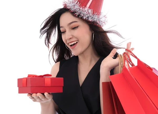 Feliz Joven Con Sombrero Sosteniendo Una Caja Regalo Navidad Aislada — Foto de Stock