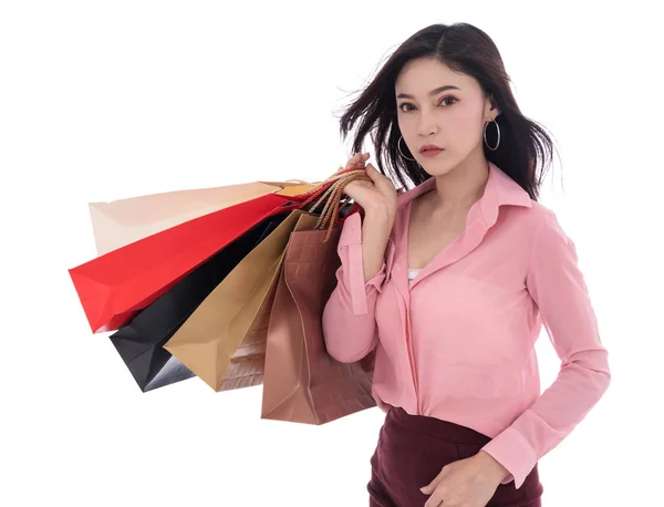 Schöne Frau Mit Einkaufstasche Isoliert Auf Weißem Hintergrund — Stockfoto